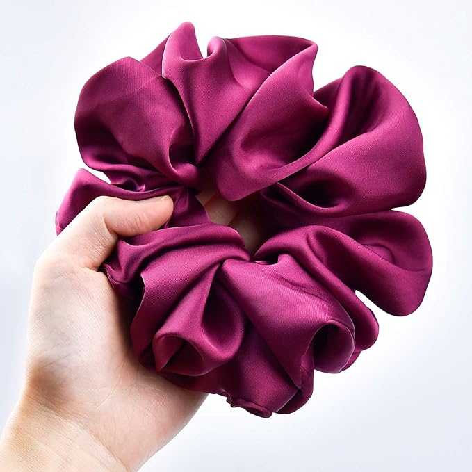 CEELGON Big Real Silk Scrunchies for Women Extra Large Scrunchie Satin Oversized Silk Scrunchy for Thick Hair Elastic Hair Ties Jumbo Hair Scrunchies 6 Pack (black,white,mulberry,champagne,blue,green)