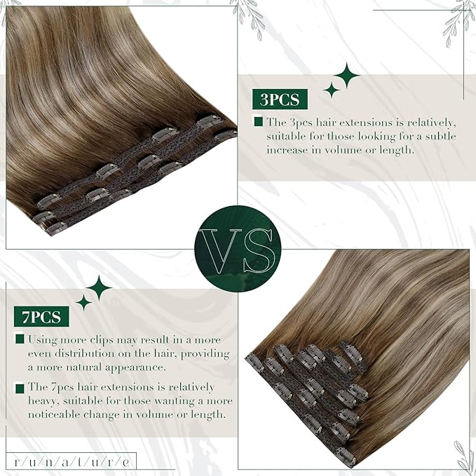 RUNATURE Clip in Hair Extensions Human Hair Balayage Clip in Human Hair Extensions for Women Soft Remy Natural Hair Straight 18 Inch 50g 3pcs #3/8/22 Walnut Brown to Blonde Balayage