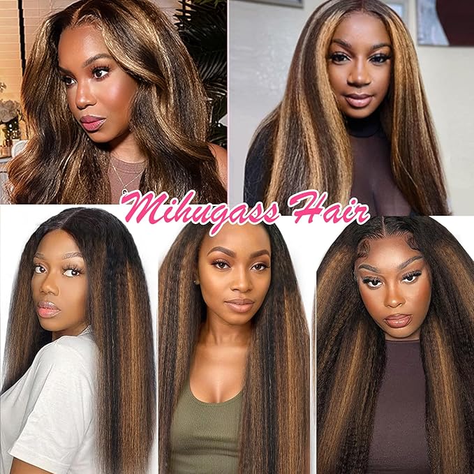 F1B/30 Omber Kinky Straight Clip in Hair Extensions Real Human Hair For Women Highlight Hair Extensions Kinky Straight Clip ins(20inch,T1BP1B/30)