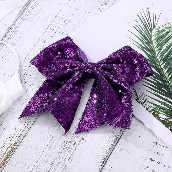 Large Big 7 Inch Glitter Bow Clip Sequin Bling Party Hair Accessories for Women Teens Girls Kids 2 Pcs (DarkPurple, Black)