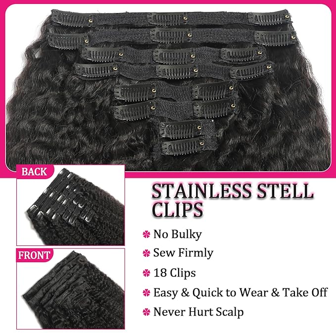 Clip in Hair Extensions Real Human Hair 20 Inch 8Pcs 120g Kinky Straight Clip Ins Full Head Brazilian Remy Hair Extensions for Women Natural Black Double Weft Clip In