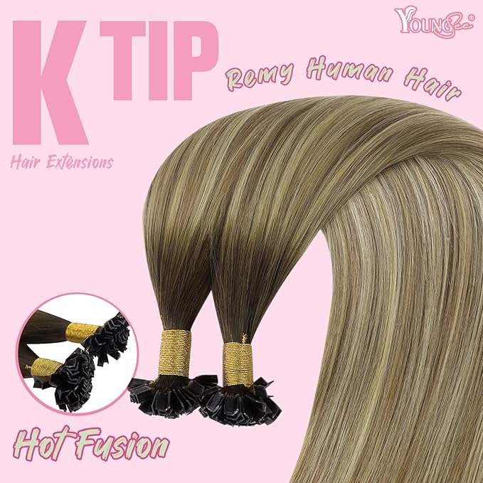YoungSee K Tip Hair Extensions Balayage 18In Keratin Hair Extensions Human Hair Ombre Dark Brown to Brown with Blonde Straight 50s/50g