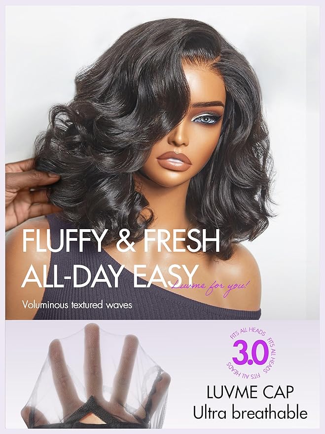 LUVME HAIR Loose Wave Bob Real 100% Human Hair Short Wigs Glueless Pre Cut Plucked Hd Lace Wig Ready To Go Natural Color Bleached Knots Side Part Black Wigs 12 Inches