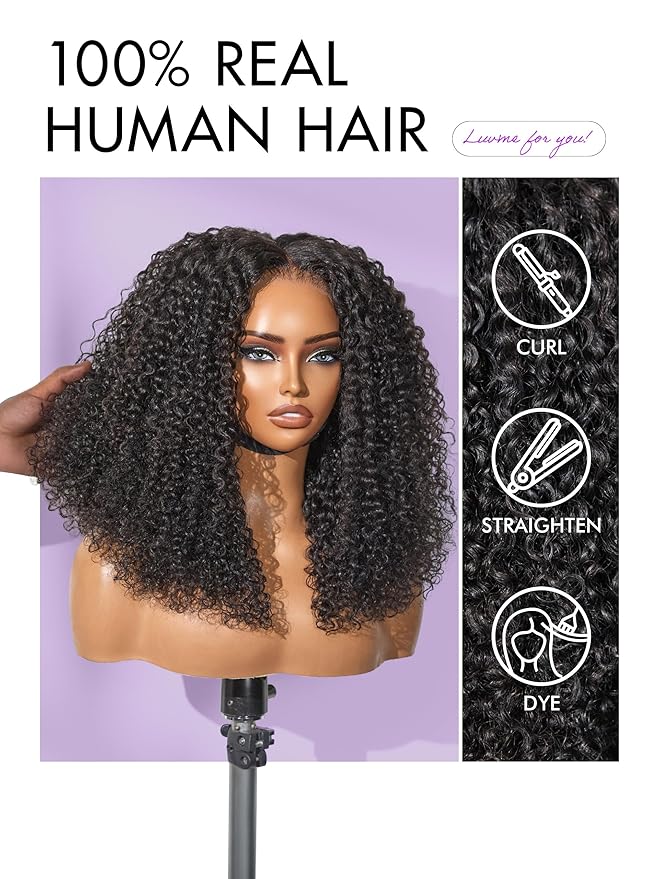 LUVME HAIR 5X5 Kinky Curly 200% Human Hair Wigs Glueless Lace Front 18 Inches Pre Cut Plucked Hd Lace Wig Ready To Go Natural Color Flexi-Fit Drawstring Cap Bleached Knots Black Wigs