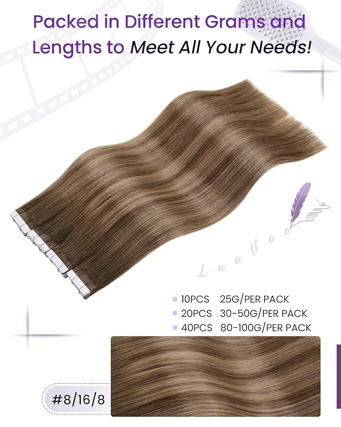 LaaVoo Tape in Hair Extensions Balayage Human Hair Tape in Extensions Ombre Light Brown to Ash Brown Mixed Brown 40pcs 100 Grams 16 Inch