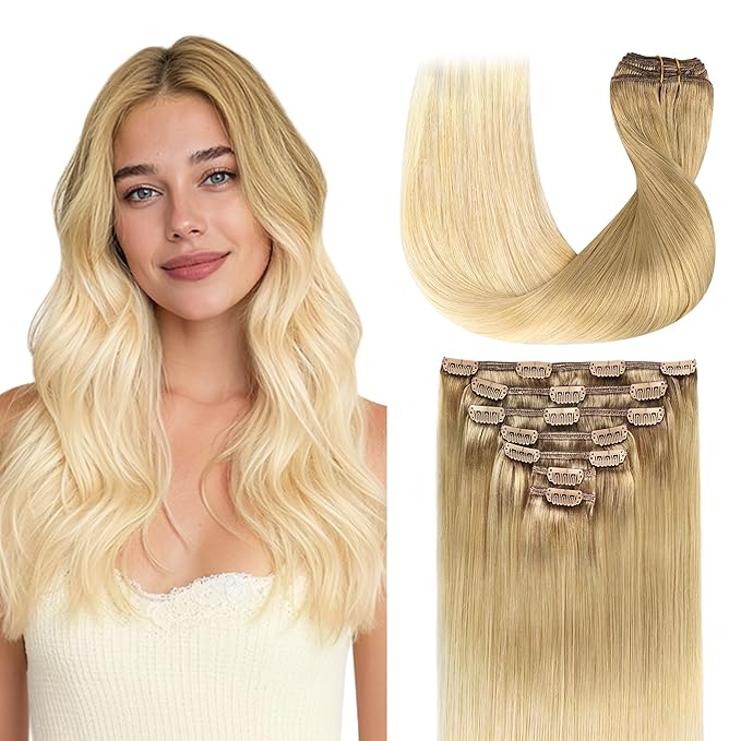 GOO GOO Clip in Hair Extensions Real Human Hair, Remy Human Hair Extensions Clip ins for Women, Natural Human Hair, 16inch 120g 7Pcs, #O7/60F