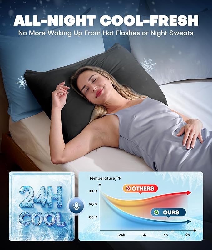 Ultra-Chill Cooling Pillowcase Set of 2 for Hot Sleepers, Softer Than Silk Pillow Cases for Protecting Hair & Skin, Breathable Bed Pillow Covers w/Zipper, Gifts for Women & Men (Black, Standard)