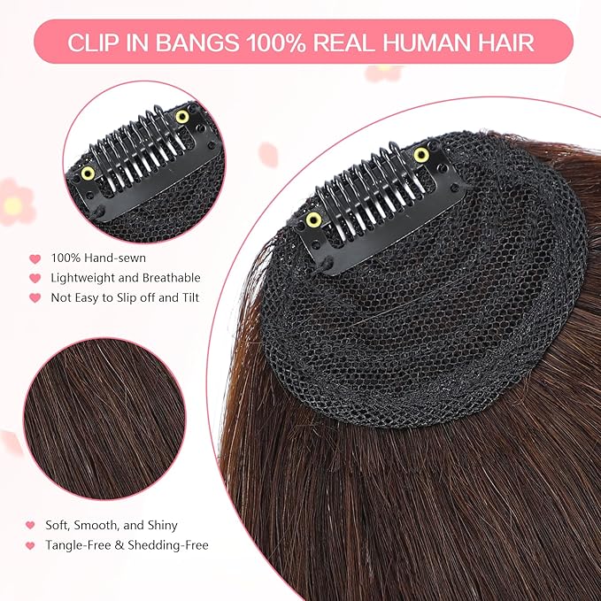 Clip in Bangs 100% Real Human Hair, French Bangs Hair Clip, Fake Bang Fringe with Temples Hairpieces for Women Daily Wear (Medium Brown, French Bangs)