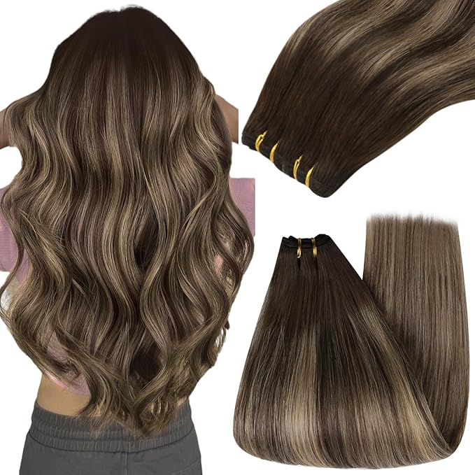 YoungSee Sew in Hair Extensions Real Human Hair Balayage Human Hair Weft Extensions Dark Brown Mix Caramel Blonde Balayage Hair Extension Sew in for Women 18inch 100g