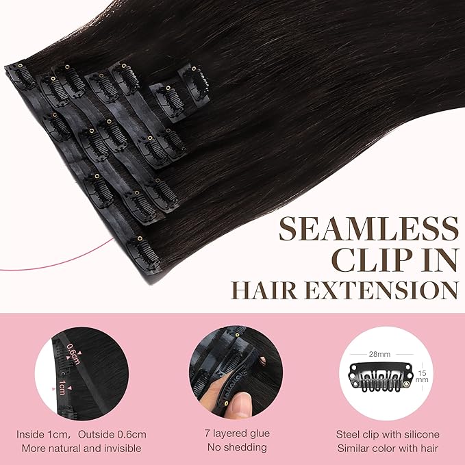 GOO GOO Clip in Hair Extensions Real Human Hair, Remy Human Hair Extensions Clip ins for Women, Natural Human Hair, 14inch 110g 7Pcs, 2 Dark Brown