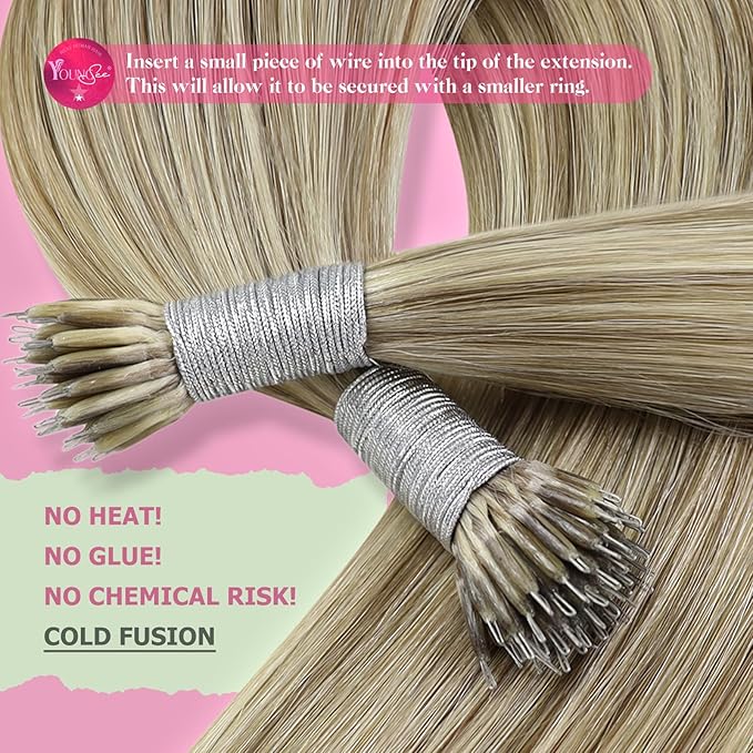 YoungSee Nano Ring Hair Extensions Human Hair Brown Highlight Blonde Nano Hair Extensions Real Human Hair Light Brown and Platinum Blonde Cold Fusion Hair Extension 18inch 50s 50g