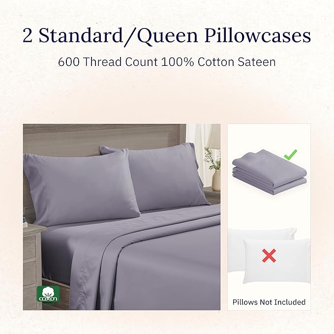California Design Den Luxuriously Soft Premium 600 Thread Count, 100% Cotton Set of 2 Cases, Crisp Pillows Cases Queen Size Set of 2 Fits Standard & Queen Pillows (Lavender)