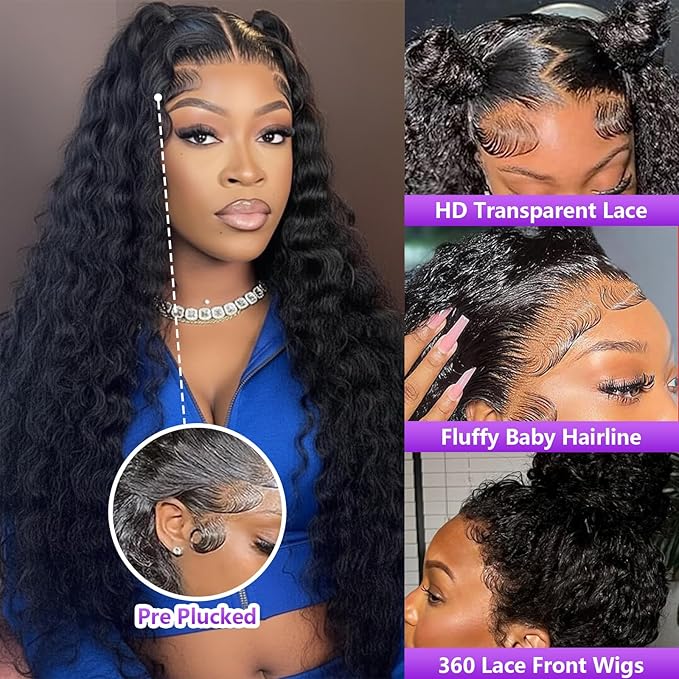 360 Deep Wave Lace Front Wigs Human Hair 200% Density 360 HD Lace Front Wigs Deep Wave Pre Plucked With Baby Hair Curly Full Lace Wig with Adjustable Straps for Women (22 Inch)
