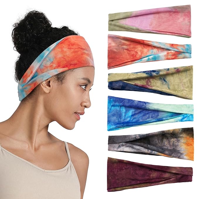 Tie Dye Headbands for Women, 6 Pack Wide Non-Slip Stretchy Hair Bands for Yoga, Workout, Running, Fashion Hair Accessories for Women's Hair（Shape 4）