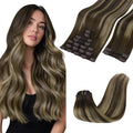 GOO GOO Clip in Hair Extensions Real Human Hair, Remy Human Hair Extensions Clip ins for Women, Natural Human Hair, 14inch 150g 9Pcs, 4/26/4 Balayage Chocolate Brown to Honey Blonde