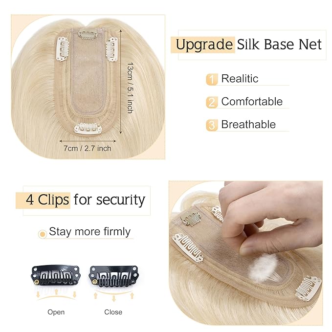 SEGO Human Hair Toppers for Women With Thinning Hair, 7 * 13CM Silk Base 100% Real Human Hair Clip in Top Wiglet Hairpieces /14 Inch No Bangs Platinum Blonde