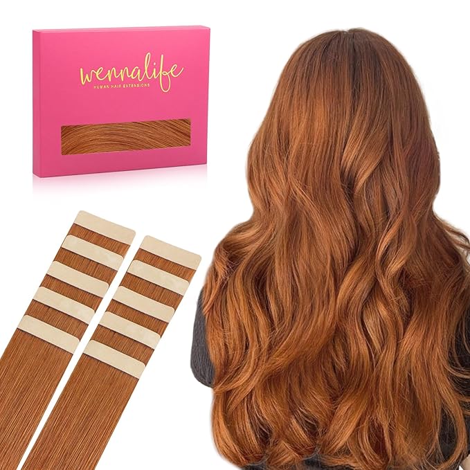 WENNALIFE Tape in Hair Extensions Human Hair Dirty Ginger 10pcs 25g 16 inch Remy Invisible Tape Ins Straight Colored Soft Real Human Hair Tape in Extensions Refill Set Extensions