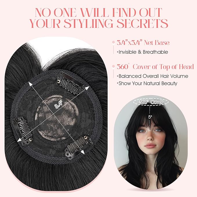Hairro Mono Hair Toppers with Bangs, 3.4" x 3.4" Mono Base 100% Real Human Hairpieces for Women, 150% Density Clips In Topper for Greyish Thinning Hair, 10 Inch Jet Black
