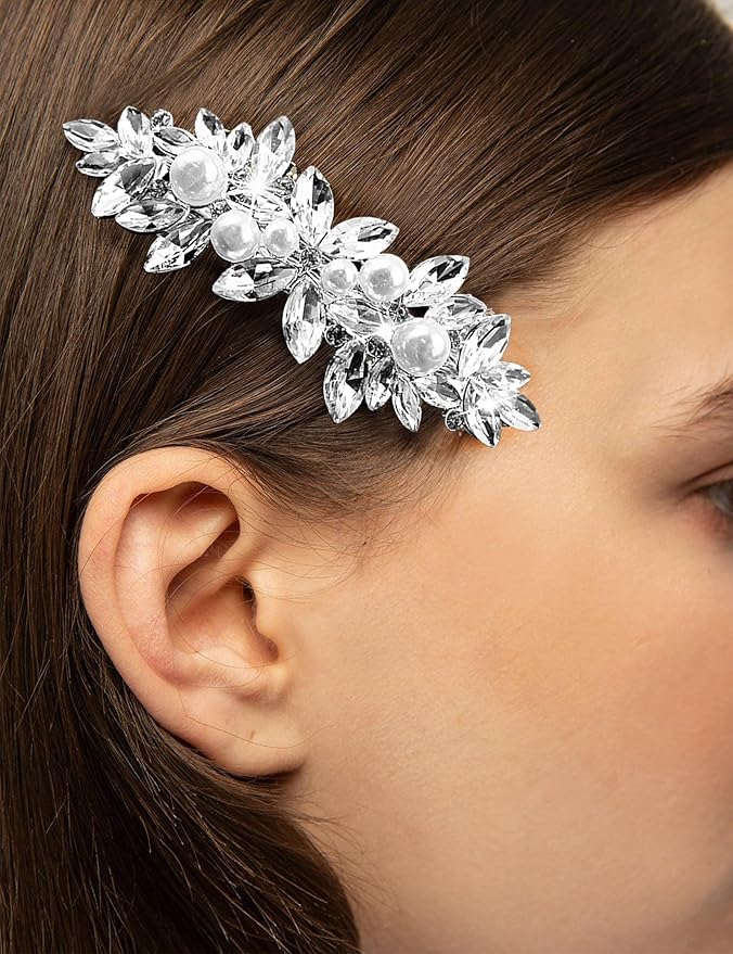 4pcs Rhinestone Pearl Wedding Hair Clips Silver New Bride Bridesmaid Spring Clips French Hairpins Elegant Floral Stylish Accessories Gift for Women Girls