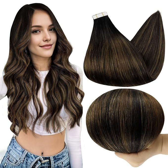 Full Shine Tape in Hair Extensions Human Hair Ombre Balayage 1B Black and 6 Chestnut 18 Inch Brown Tape in Extensions Natural Silky Human Hair Extensions Tape in Glue in 50G 20 Pcs