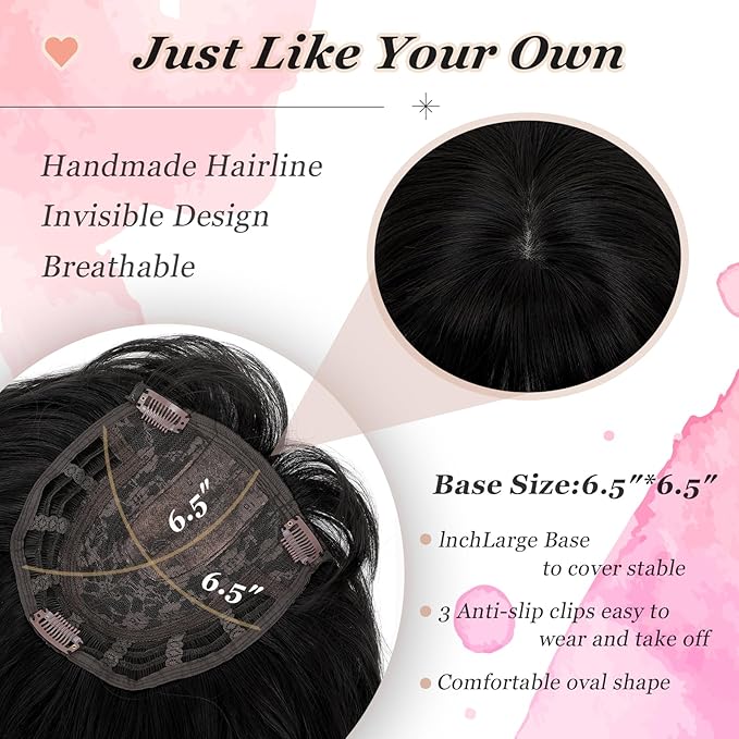 Hair Topper, 360° 3D Hair Toppers for Women with Thinning Crown, 20 Inch Long Wavy Curly Hair Pieces Clip in Bangs (Black, 20 inch, French Bangs)