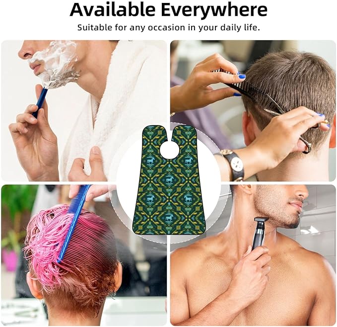 Beard Shaving Cape with Suction Cups, Teal Green Native American Tribal Ethnic Western Horse Shave Bib, Non-Stick Waterproof Hair Catcher, Grooming Bib for Men Husband