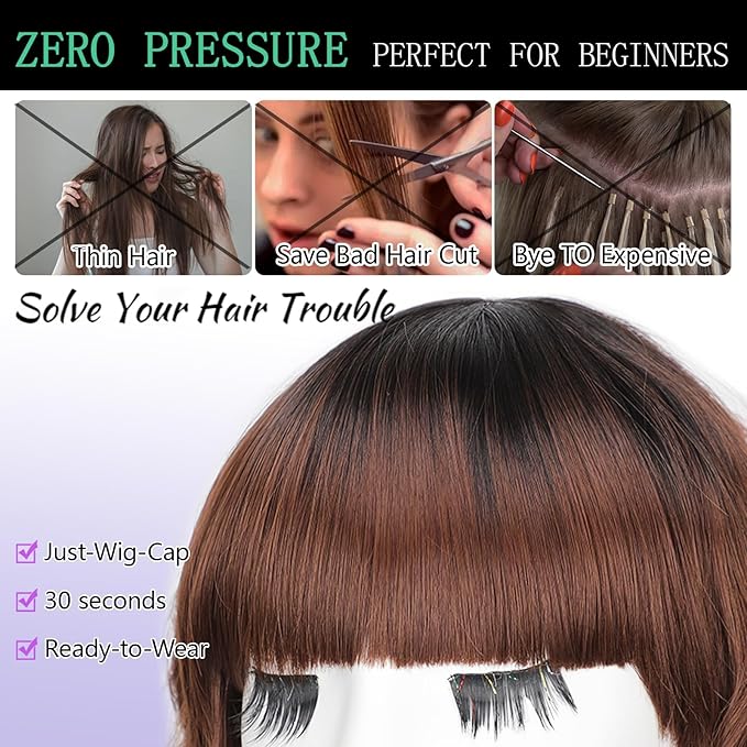 AISI HAIR Synthetic Wavy Curly Bob Wig with Bangs Ombre Reddish Brown Short Hair Wigs for Women Synthetic Heat Resistant Bob Wigs