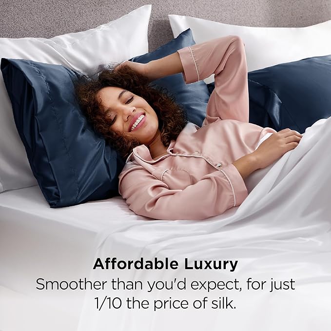 Bedsure Satin Pillowcases, Similar to Silk Pillow Cases Queen Size Set of 2, Pillow Case for Sleeping Women with Envelope Closure, Gifts for Women Men, Blue, 20x30 Inches, 2pcs