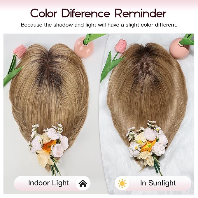 EMMOR 12 Inch Human Hair Topper for Women - Real Hair Topper with Bangs & 6.5" × 6.5" Larger Base, Natural Thin Hair Solution for Women(Ombre Light Brown)