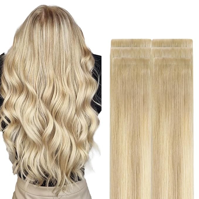 GOO GOO Invisi Edge Tape in Hair Extensions Human Hair, 18ET90A Natural Blonde Balayage, 6pcs 16inch 15g, Virgin Remy Hair, Seamless Injected Tape, Natural Look