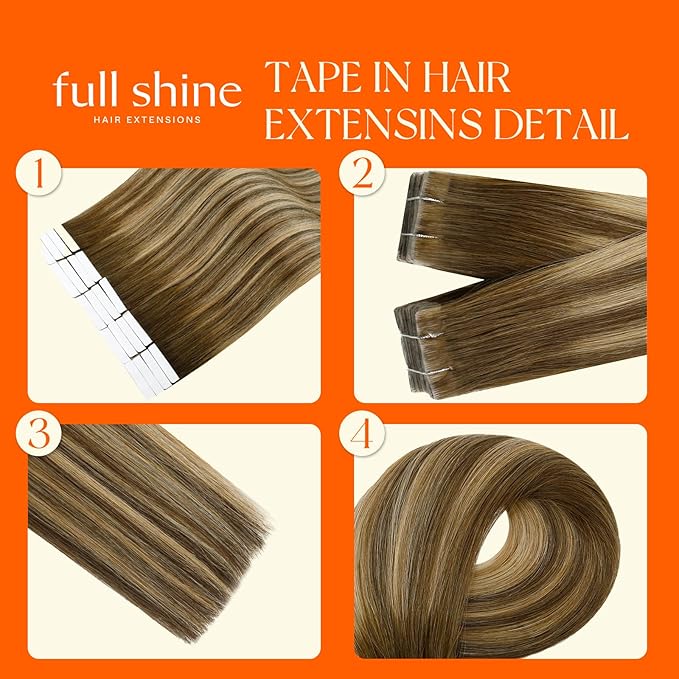 Full Shine Injection Tape in Hair Extensions Color 4/24/4 Brown Fading to Blonde and Brown 16 Inch Invisible Skin Weft 40G 20 Pcs Machine Remy Seamless Tape in Hair Extensions Add Volume