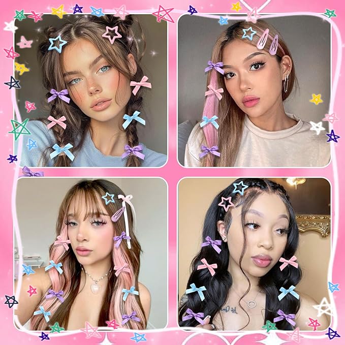 36Pcs Pink Mini Bow Hair Clips 3 Color Star Snap Hair Barrettes for Women Blue Water Drop No Slip Hair Clips Purple Small Hair Bows Star Bowknot Hair Accessories for Teens Girls