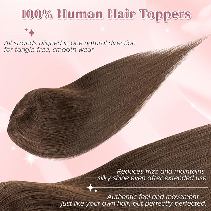Real Human Hair Toppers for Women 3.54"*4.72" Silky Base 150% Density No Bangs Adjustable Parting Clip-In Topper Hairpieces for Women with Thinning Hair 10 Inches Dark Brown