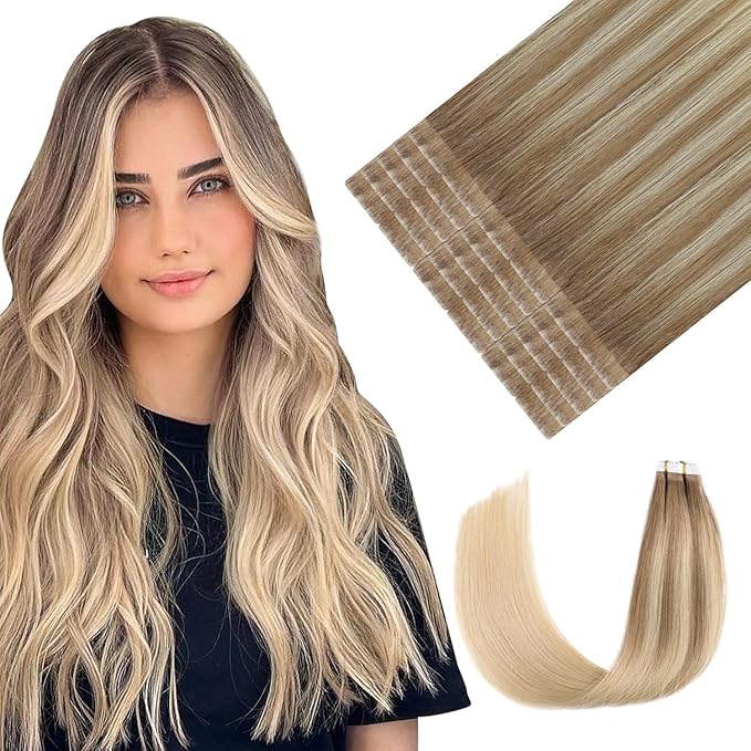 Youngsmile Injection Tape in Hair Extensions Human Hair #8T60 Ash Brown to Platinum Blonde 20pcs 45g 20 Inch Balayage Injected Seamless Tape in Hair Extensions Straight Remy Human Hair (#8T60,20'')