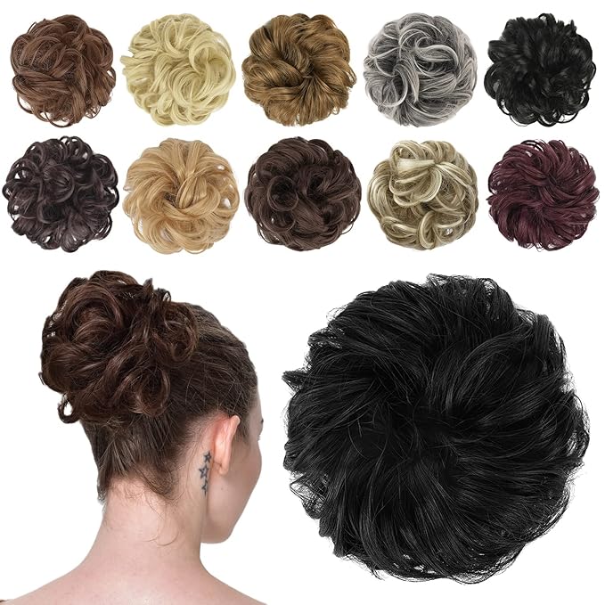 FESHFEN Messy Bun Hair Piece - Elastic Wavy Curly Hair Bun Scrunchies Extensions Synthetic Chignon Hairpieces for Women Girls, Off Black 1.5 oz