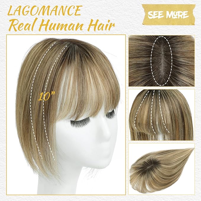Hair Toppers with Thinning Hairs 100% Real Human Hair Toppers for Women 3D Cover Clip in Bangs 10inch Medium Brown Mix Blonde with Dark Brown Root Topper 120% Density #4T427