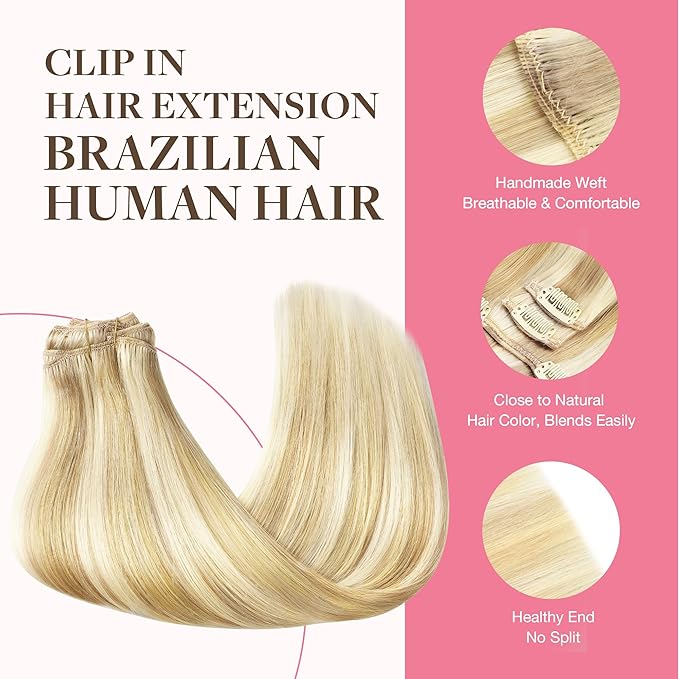 GOO GOO Clip in Hair Extensions Real Human Hair, Remy Human Hair Extensions Clip ins for Women, Natural Human Hair, 22inch 150g 9Pcs, 18D/22F Dirty Blonde Highlights