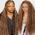 210% Density 13x6 Highlight Ombre Full Lace Frontal Wigs Human Hair 12A Deep Wave Brazilian Human Hair Pre Plucked 4/27 Honey Blonde HD Glueless Transparent Lace 28 Inch