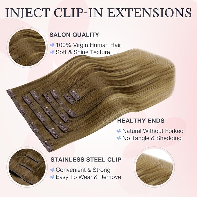 DOORES Invisible Clip in Hair Extensions 16 inch 130g 7pcs, Real Human Hair Invisi Edge Clip in Extensions, Virgin PU Clipins Straight Thickening, 6BT18D Medium Brown Highlighted Dirty Blonde