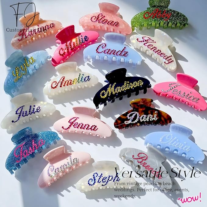 Personalized Colorful Name Hair Claw Clips for Women,Custom Hair Clips with Diamond,Cute Hair Accessories 4",Handmade Rhinestones Hair Clamp Gifts for Mom,Bride,Wife,Bridesmaid（Blue Sugar）