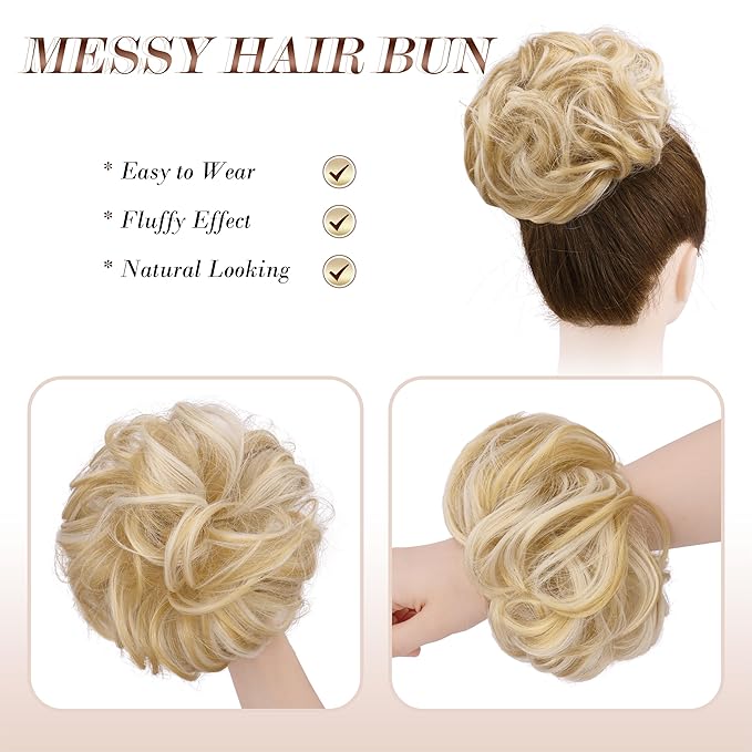 FESHFEN Messy Bun Hair Piece - Elastic Wavy Curly Hair Bun Scrunchies Extensions Synthetic Chignon Hairpieces for Women, Champagne Blonde & White Blonde 1.5 oz