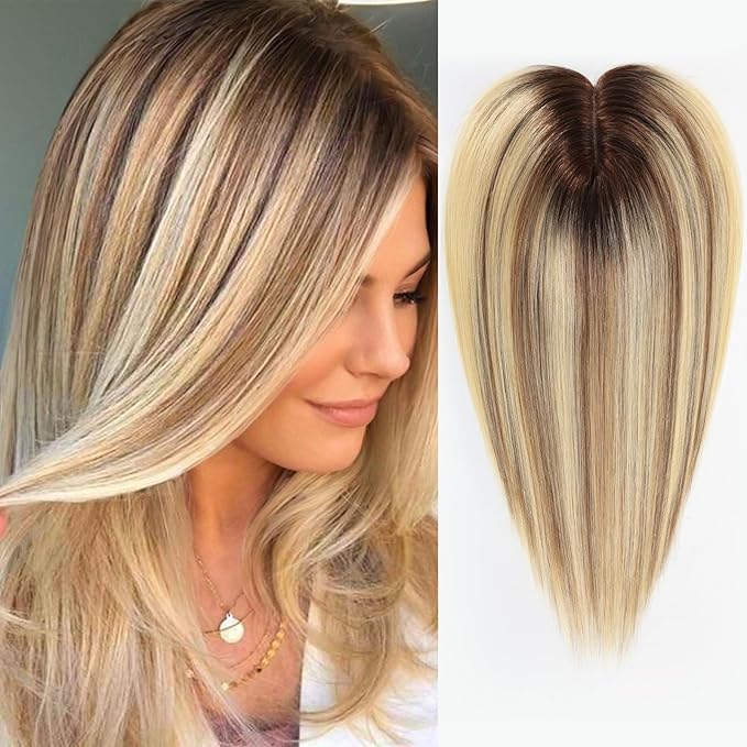 HAIRCUBE Hair Toppers for Women 100% Real Human Hair, Ombre Blonde with Brown Highlight, 6"*5.5"MONO Large Base,65g Hand-moven Real Human HairToppers for Women with ThinningHair