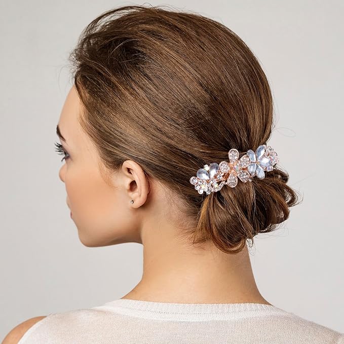 Joez Wonderful Rhinestone Hair Clip Sparkly Crystal Barrettes French Wedding Prom Engagement Pageant First Communion Hair Decorative Accessories for Women Bride Thick Long Hair (Flower White, 1 Pcs)