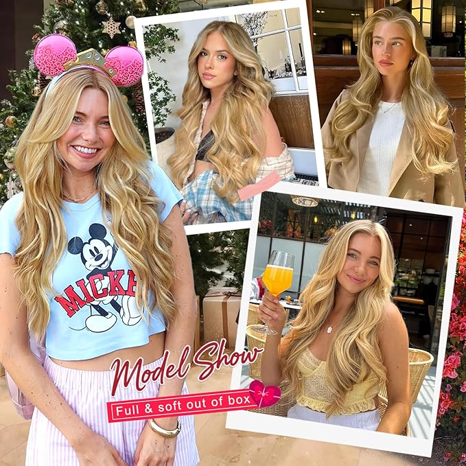 ALXNAN Long Wavy Hair Extensions for Women, Clip in Hair Extensions Clip Ins Soft Full Head Synthetic Hairpieces 20 Inch Dark Ash Blonde mix Light Blonde Highlights
