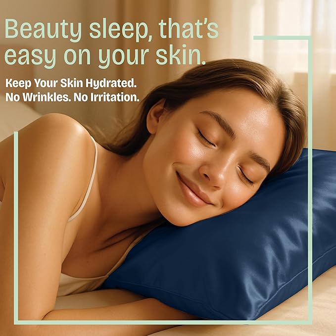 BLISSFORD Satin Pillowcase with Zipper, for Hair and Skin Care, Feels Soft and Cool Like a Silk Pillowcase, Satin Pillow Cases 2 Pack, Slik Pillow Cover, Navy - Queen Size, Set of 2