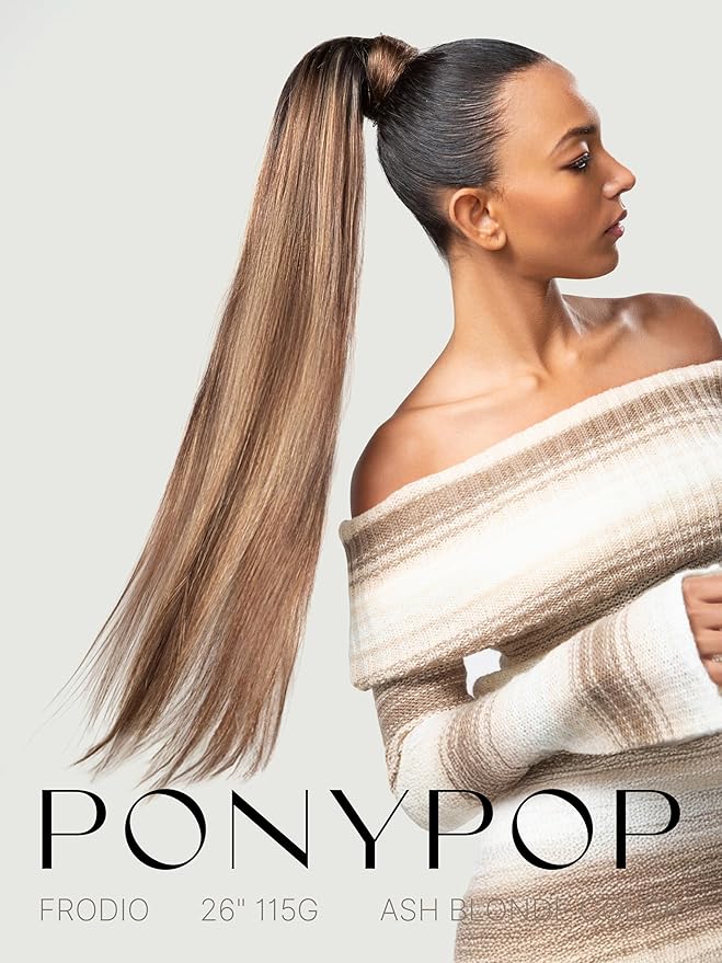 Frodio Clip in Ponytail Extension Human Hair for women Straight 26 Inches Long Straight Hair drawstring Ponytail Ash Blonde