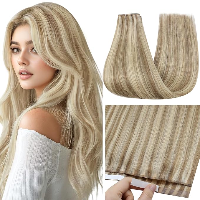 Full Shine Tape in Human Hair Extensions for Women Color 16 Highlighted 22 Blonde Tape in Weft Hair Extensions Human Hair Genius Long Weft Tape ins 50G One Piece 22Inch Seamless Skin Weft for Dating