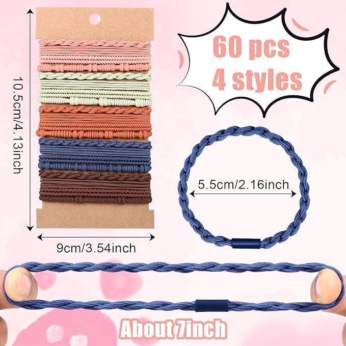 60 Pcs Boho Hair Ties, 4 Styles Elastic Hair Tie Bracelets for Women Hair Tie Bracelets Ponytail Holders for Girls with Thick and Thin Hair