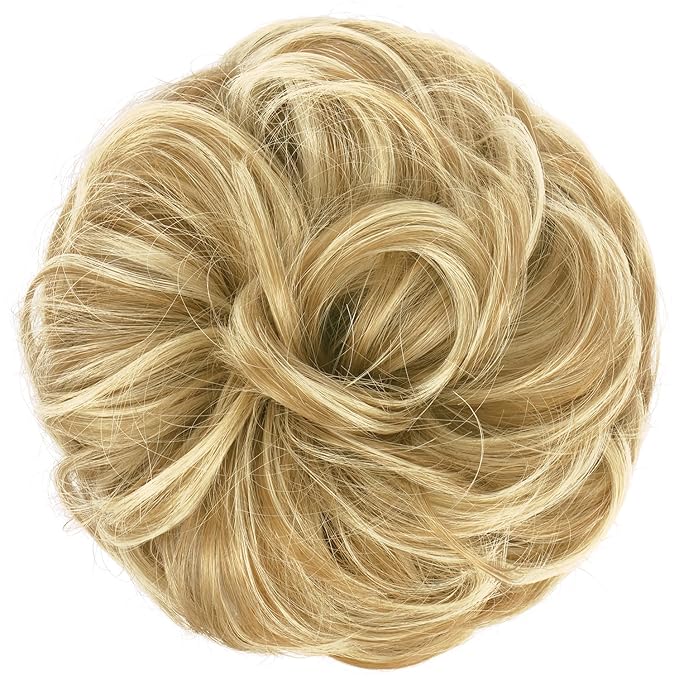 FESHFEN Messy Bun Hair Piece - Elastic Wavy Curly Hair Bun Scrunchies Extensions Synthetic Chignon Hairpieces for Women, Sunny Blonde 1.5 oz