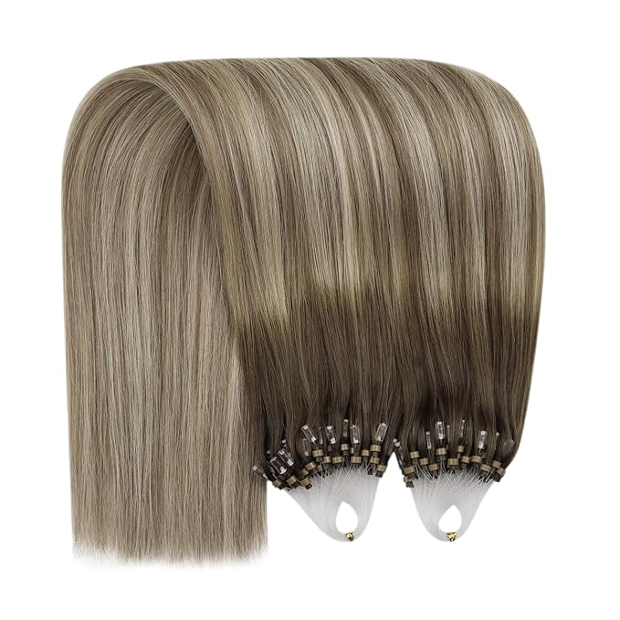YoungSee Micro Link Hair Extensions Human Hair Balayage Micro Bead Hair Extensions Real Human Hair Brown Ombre Blonde Micro-Ring Hair Extension 14In Bead Hair Extension for Short Hair 50s/50g